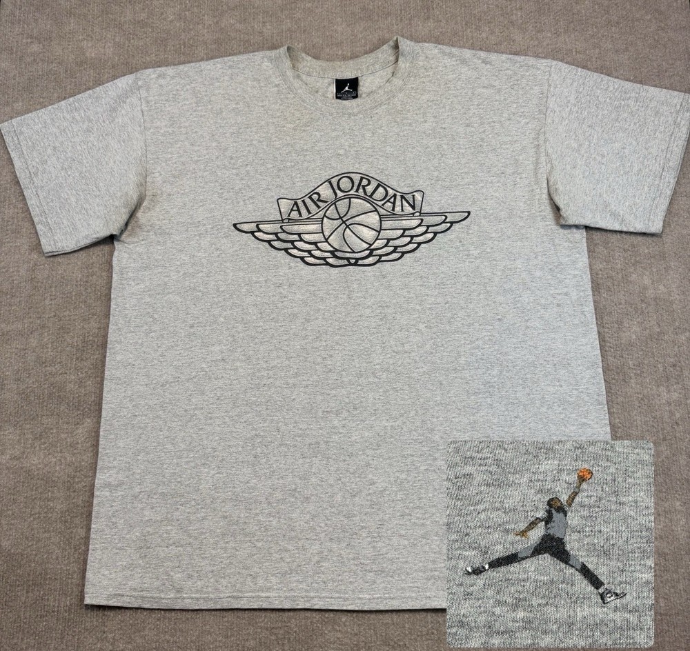 Vintage 2001 NIKE AIR JORDAN 1 WINGS CO.JP JAPAN METALLIC SILVER GRAY T SHIRT L