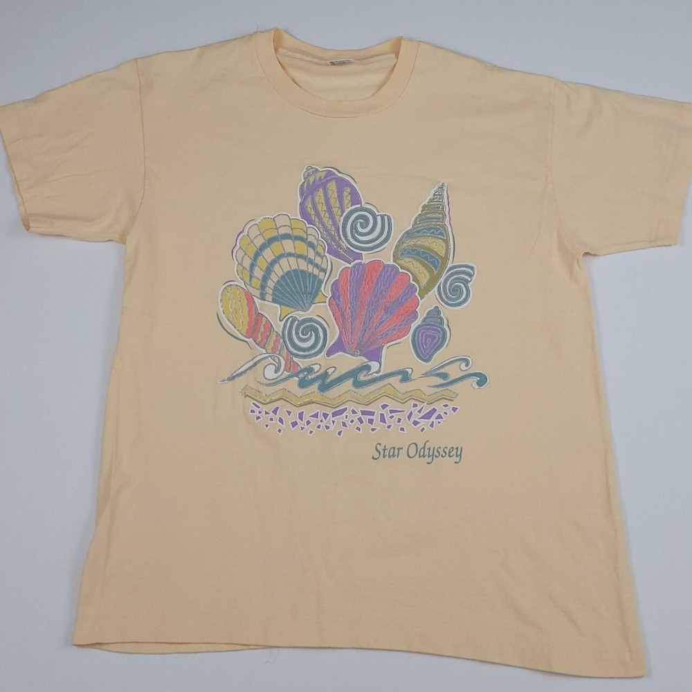 Vintage 90s Star Odyssey Sea Shell Print Shirt Peach USA Single Stitch Anvil FL