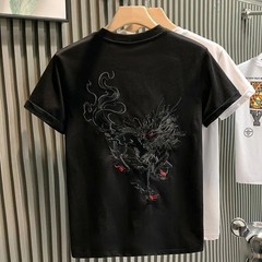 Men’s Mythical Dragon Kirin Embroidery Short Sleeve Casual Summer T-Shirt