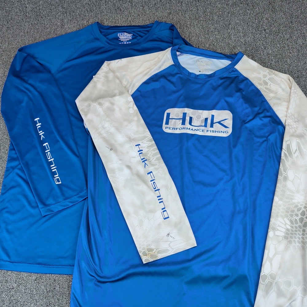 Huk Mens Fishing Shirt Lot 2 XXL Polyester Blue Camo Long Sleeve Performance Fit