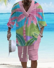 Beach Loose Print V-neck Mens Knitted Short-sleeved Short-shorts Set Casual 2pcs