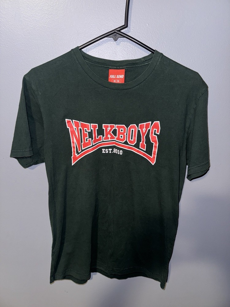 Nelk Boys Full Send T-Shirt Size Medium Dark Green/Red Colorway Simple Logo HTF