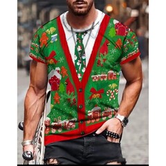 Mens Christmas Short Sleeve 3D Graphic Print T-Shirt Funny Neck Tie Size XXL