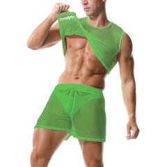 Men 2 Piece Set Fishnet Crop Tops Mesh See-Through Vests Undershirts With Shorts