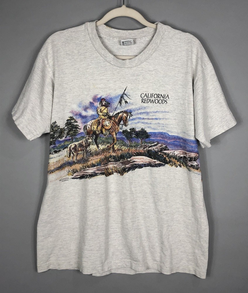VTG 90s San Segal California Redwoods Native American Horse Nature T-shirt L USA