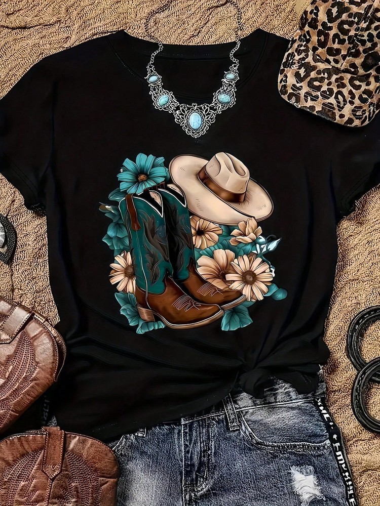 Women’ S Cowboy Boots Flower Print Black TShirt Crew Neck Casual Tee
