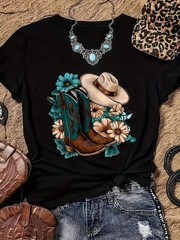 Women’ S Cowboy Boots Flower Print Black TShirt Crew Neck Casual Tee