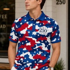 Red White Blue Camo Golf Polo, USA 250th Anniversary 1776-2026 Patriotic (S-5XL)