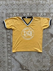 Vintage 80s Baseball Jersey Tee Gold Ringer V-Neck Greece Community Rinky Dink L