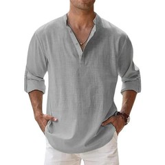 MENS LINEN COTTON HENLEY LONG SLEEVE BREATHABLE CASUAL BEACHWEAR SHIRT