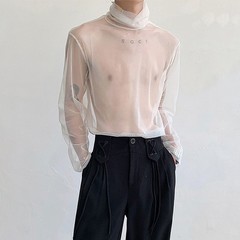Mens Mesh Sheer Turtleneck Casual Long Sleeve Shirt For Streetwear Use