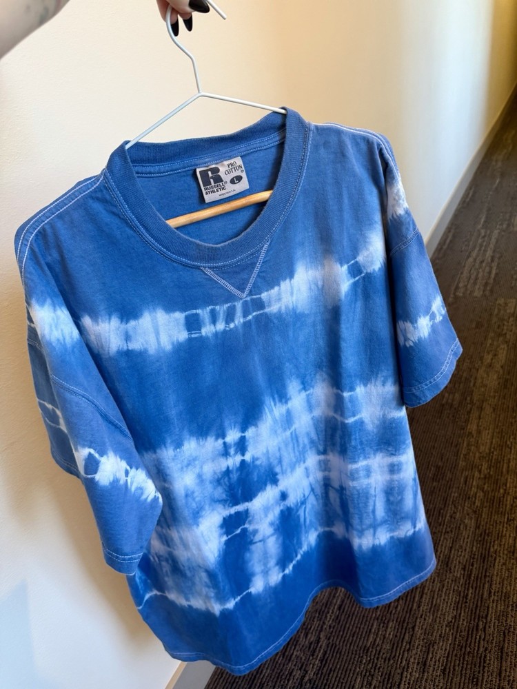 Russell Athletic Pro Cotton Tie Dye T Shirt Blue White Made in USA Size L