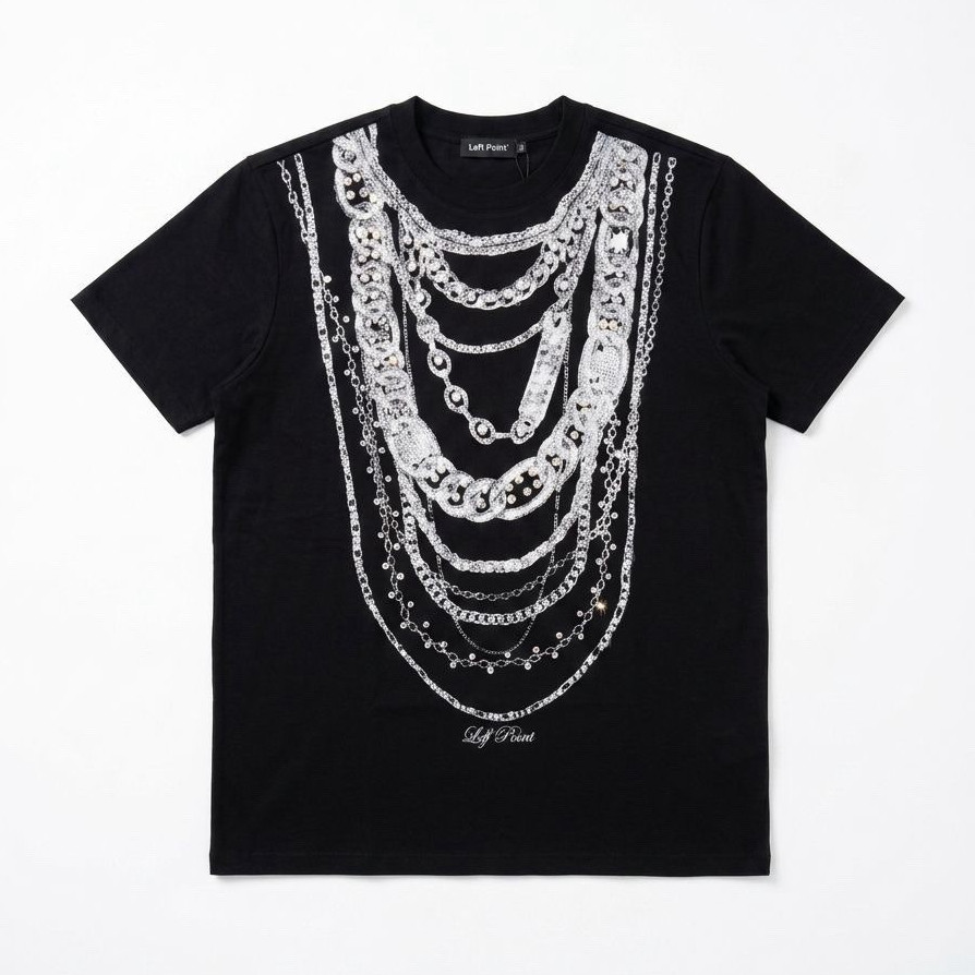 Left Point Men’s Short Sleeve Crew Neck Graphic Chain Rhinestone T-Shirt Black L