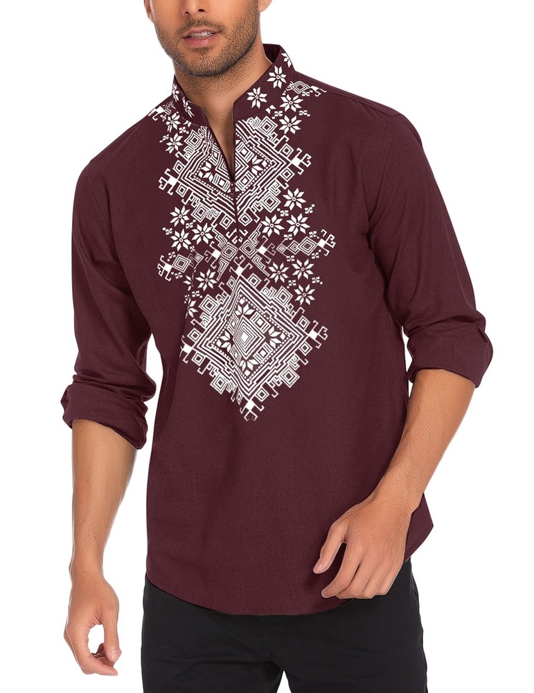 Men’s Casual Henley Shirt Mid Sleeve Shirt Summer Zipper T-Shirt (Dark Red,M)