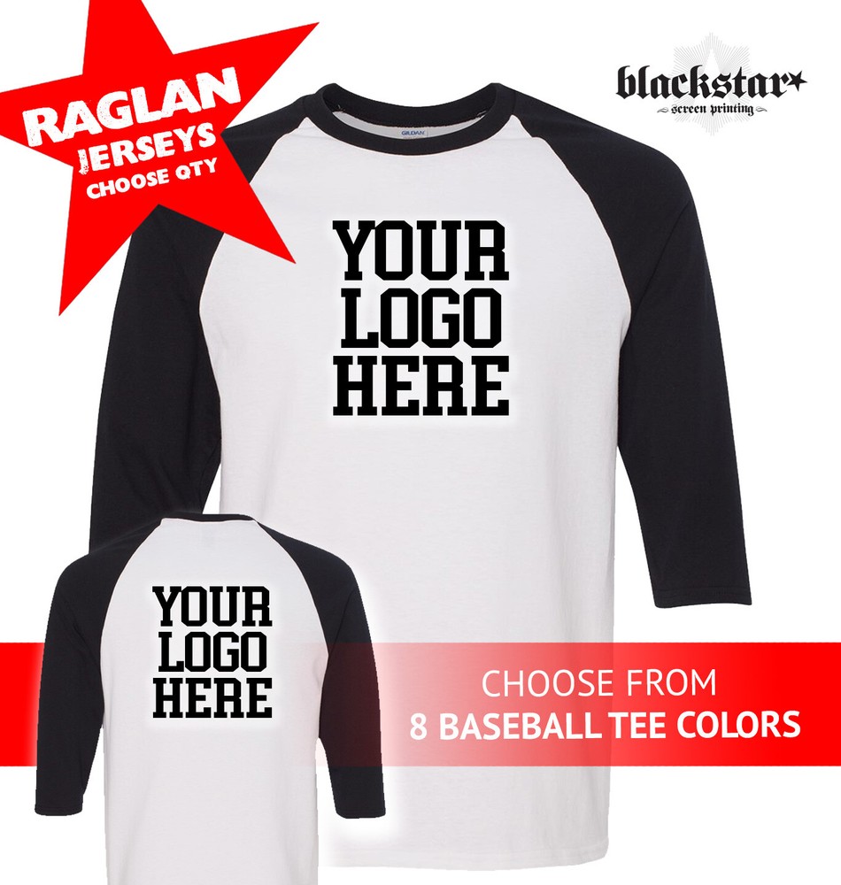 CUSTOM SCREEN PRINTING GILDAN BASEBALL RAGLAN TEES CHOOSE QTY & PRINT COLORS