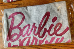 Barbie T-Shirt Unisex Adult Light Gray with Pink Ombre Letters “Barbie”