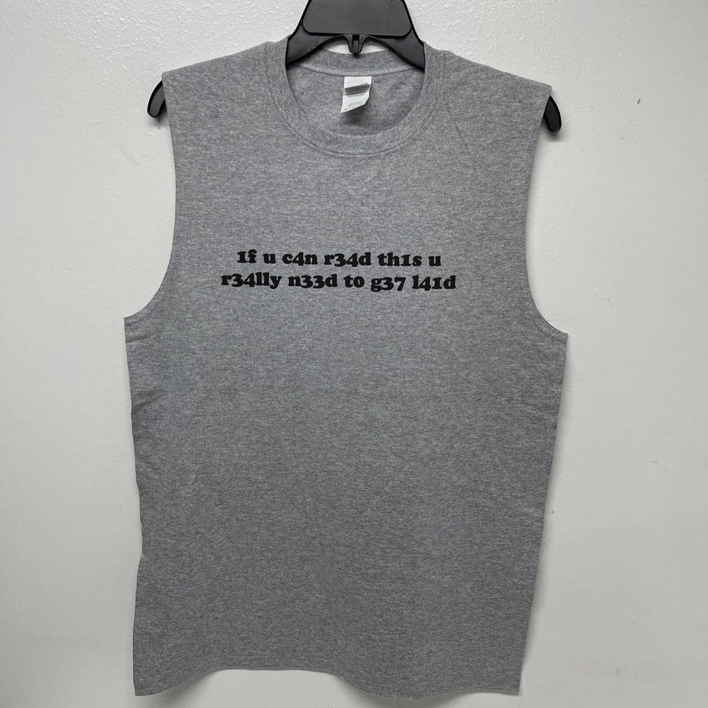 Mens Gildan Muscle T-shirt Gray Graphic tee printed Medium