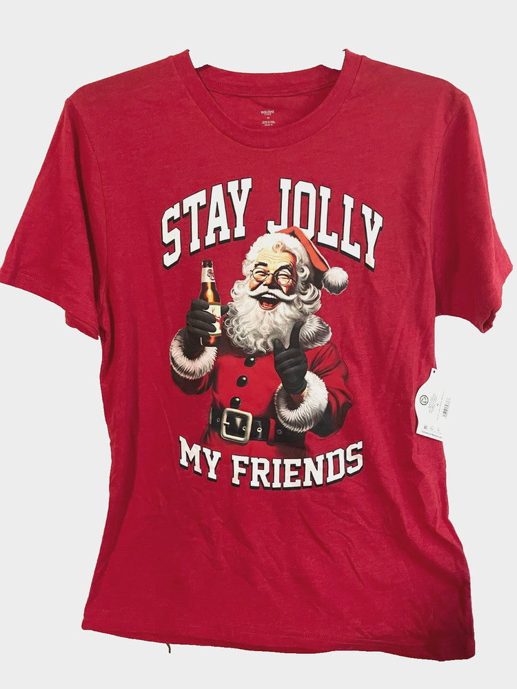 Holiday Time Men’s Size Medium T-Shirt Red Santa Beer “STAY JOLLY MY FRIENDS”