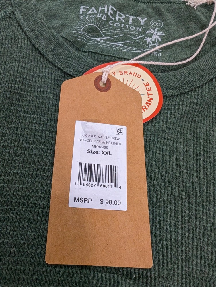 Faherty Men’s Long Sleeve Cloud Waffle Crew Deep Fern Heather Size 2XL Top