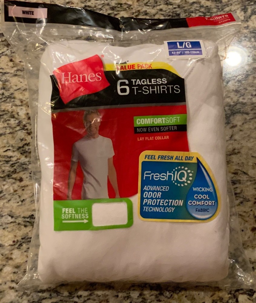 6 Pack T-Shirts Hanes Tagless Crew Neck Mens Size L 42-44″ Cotton Blend New