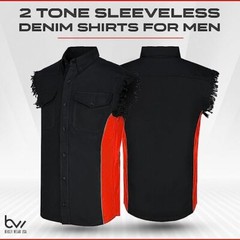 MEN’S SLEEVELESS DENIM SHIRTS – 2-TONE – WITH VERTICAL REFLECTIVE SAFETY LINING