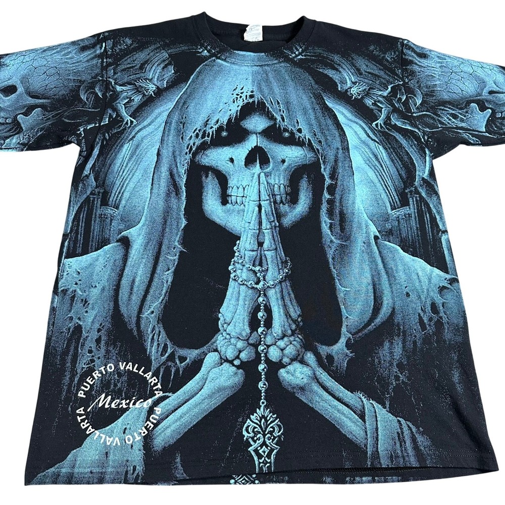 YAZBEK Grim Reaper Praying Rosary Graphic T Shirt Mens Large AOP