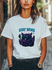 Stay Woke T-Shirt Neon Owl with Shades Graphic Tee Retro Vaporwave Streetwear