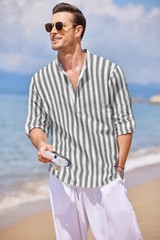 Men’s Cotton Hemp Long Sleeve Casual Beach Henley Shirt(Black White Striped,M)