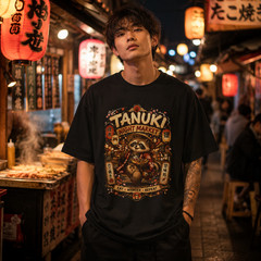 Tanuki Night Market T-Shirt Japanese Streetwear Vintage Graphic Tee Gift