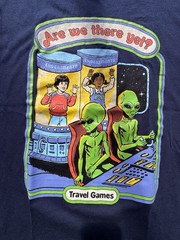 Steven Rhodes Are We There Yet T-Shirt Mens Medium Blue Alien Sci-Fi Retro NWT