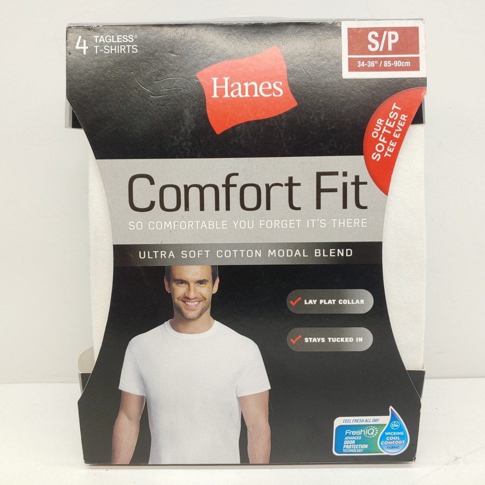 Hanes 4 Tagless T-Shirts Small 34-36″ Comfort Fit Soft White Lay Flat Collar