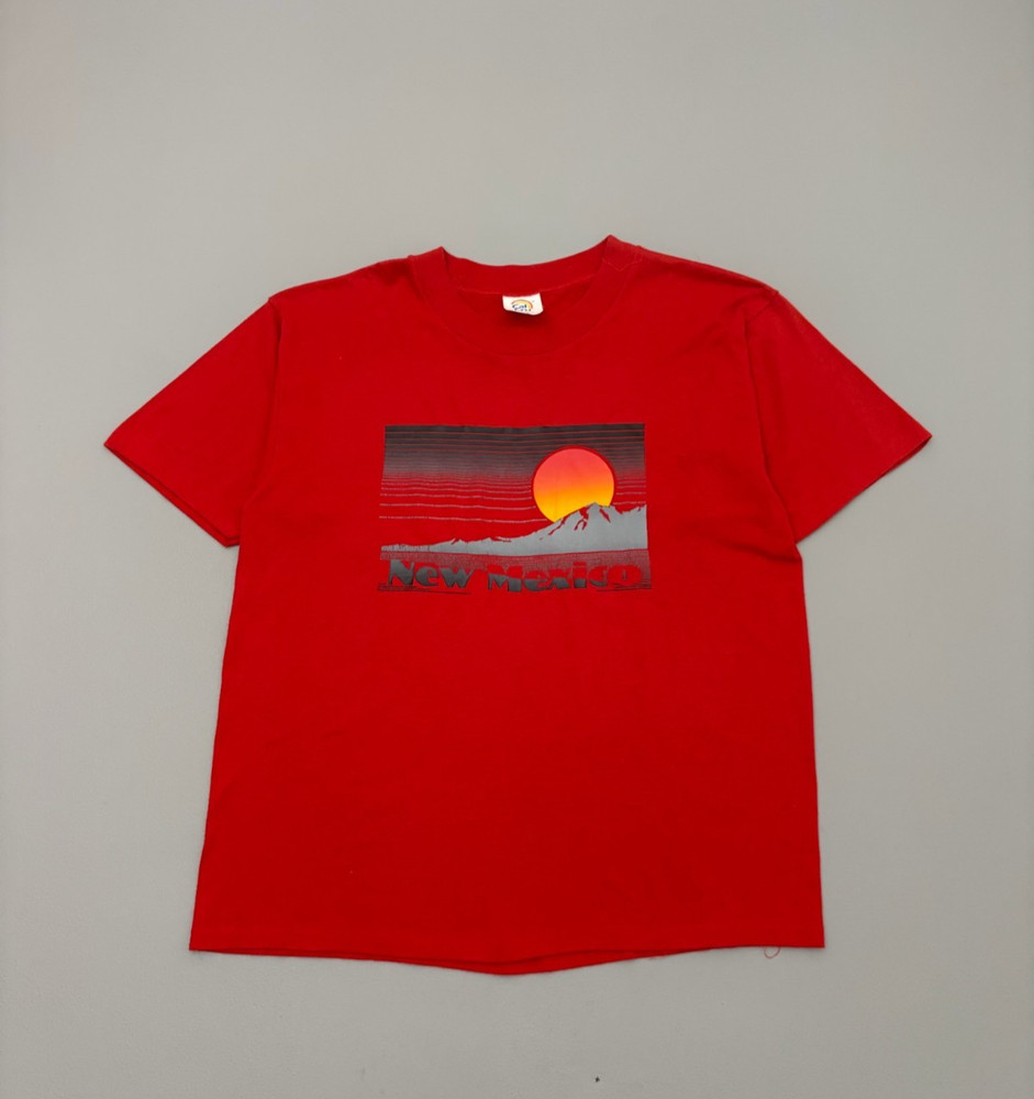 Vintage 80s Cal Cru New Mexico Graphic T Shirt Red Sunset Mountain Large