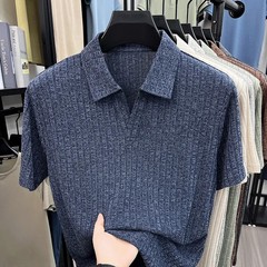 Men’s Breathable Knitted Polo Tee Short Sleeve V Neck Striped Fabric Lightweight