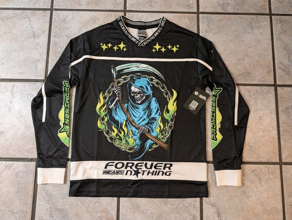 Broken Promises Grim Reaper Hockey Jersey Shirt Black Flame Graphic Men’s Small