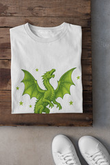 Lime Green Dragon T-Shirt Fantasy Flying Dragon Graphic Stars Unisex Tee