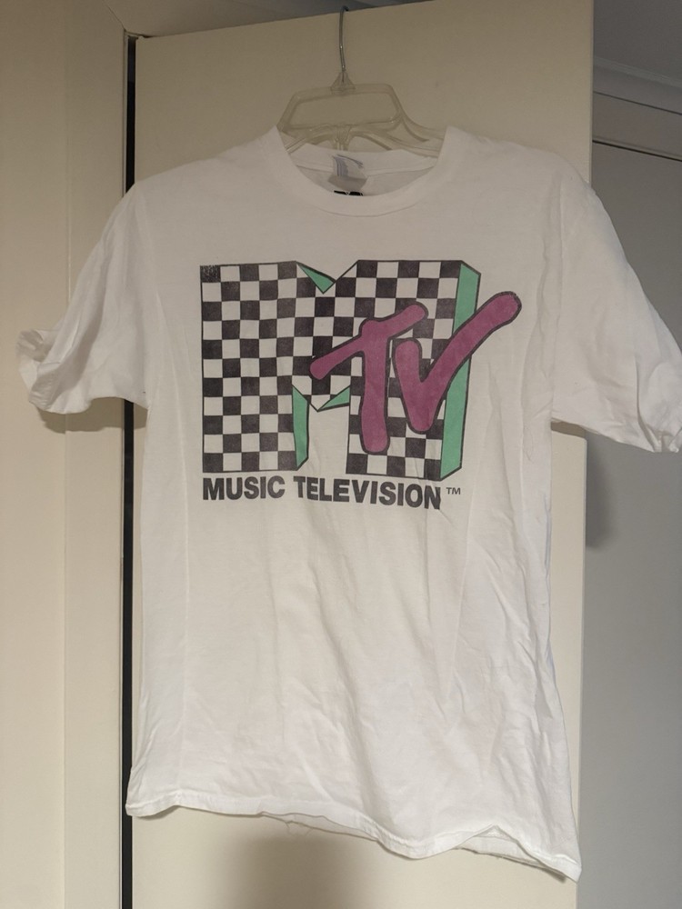 MTV checkered T Shirt Small Vintage White