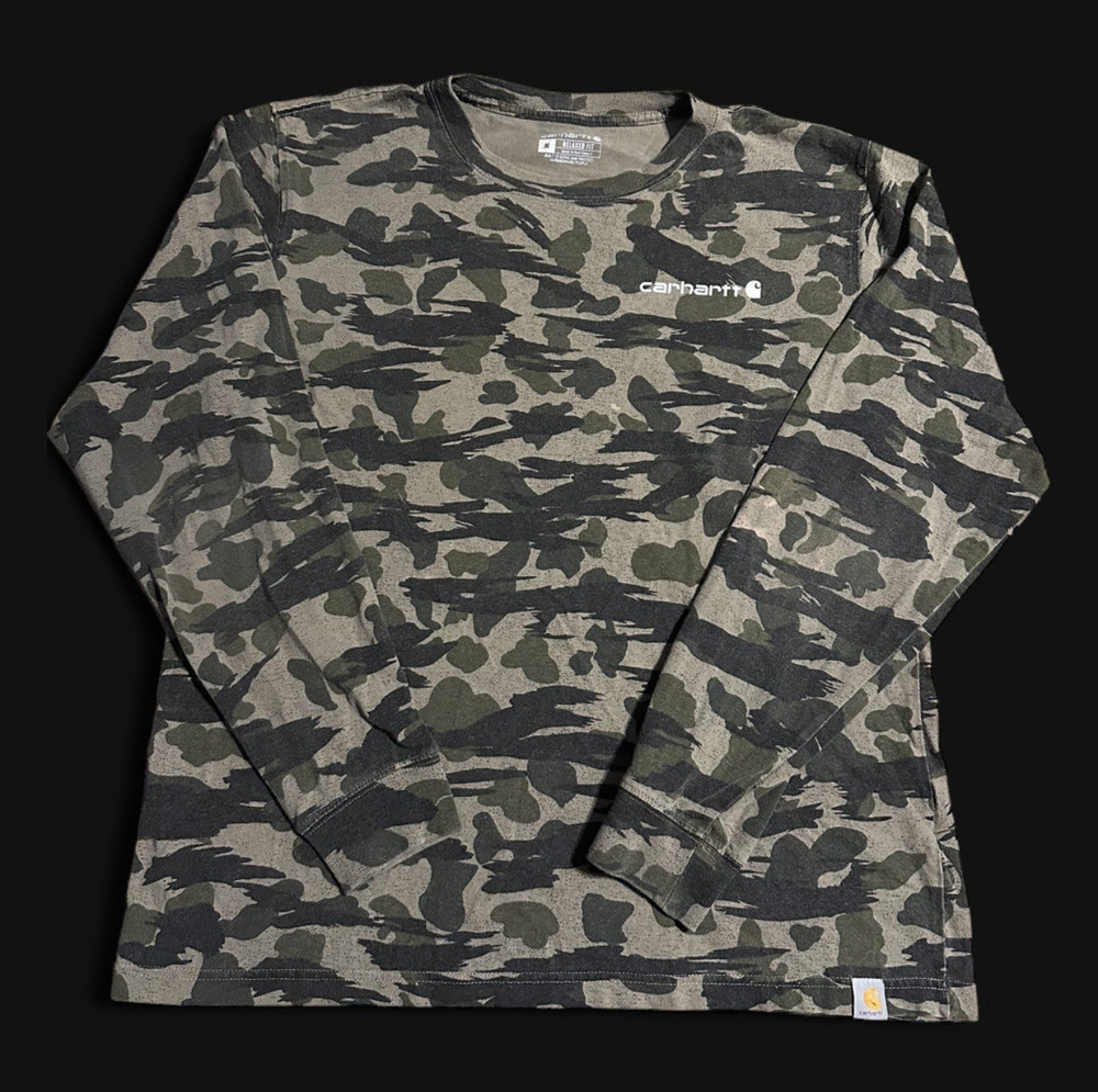 Carhartt Men’s Camo Long Sleeve Crew Neck Relaxed Fit Logo Cotton Knit T-Shirt M