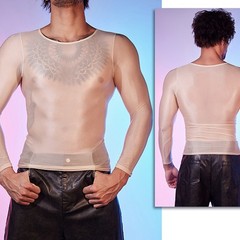 Sexy Lingerie Men’s Oil Shiny Long Sleeve Sheer Tights O Neck Top Shirt