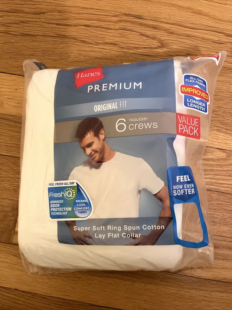 Hanes 6 Crews Original Fit Size S/P Super soft Lay Flat Collar NWT White