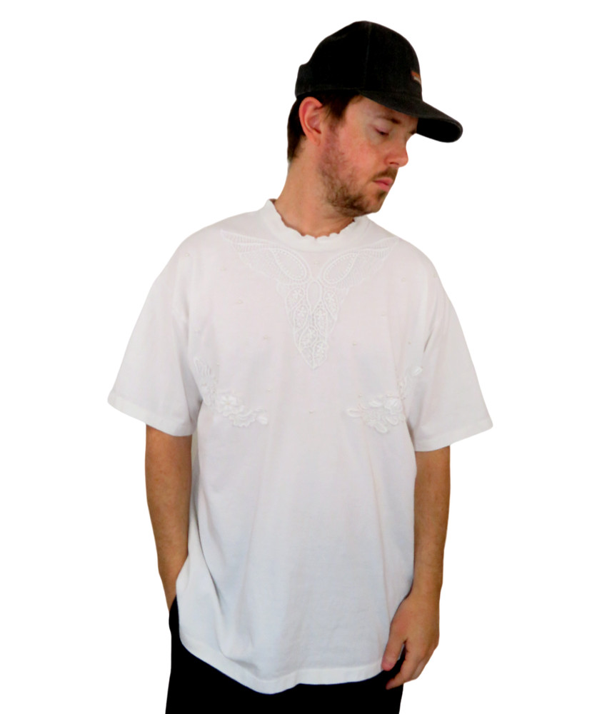 VTG 80s Oneita T-Shirt Mens XXL Single Stitch Lace Beads Embroidered 3D Graphic