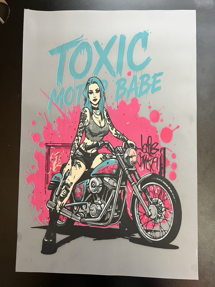 Toxic Motor Babe DTF Heat Transfer 11×17 Inch Ready to Press Cold Peel