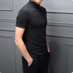 Men’s Slim Fit Half High Collar Short Sleeve T-Shirt in Polyester Solid Colors
