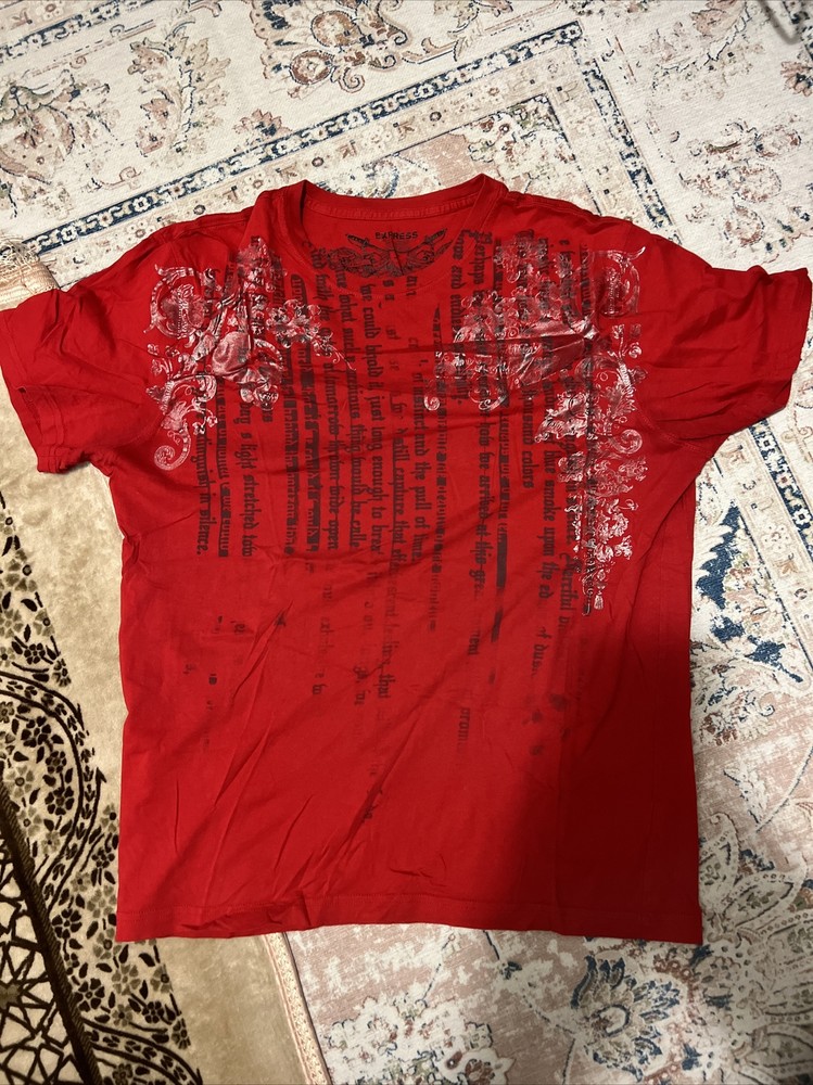 Express Design Studio Graphic T Shirt Size Large L Red Short Sleeve Swords