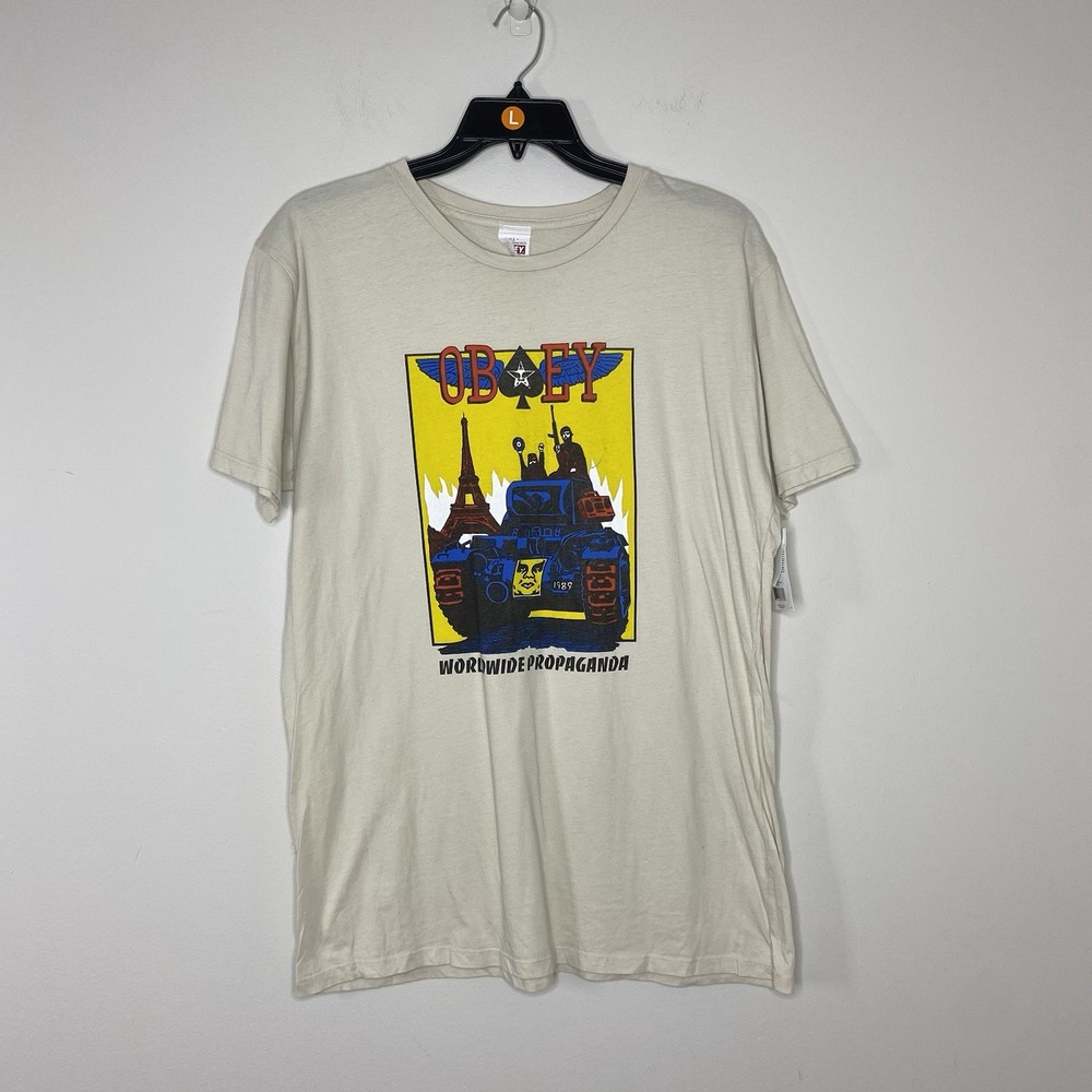 Obey Krushin Worldwide T Shirt Mens Large Fog Cream Graphic Worldwide Propaganda