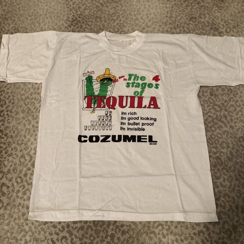 VTG Cozumel Mens White T Shirt The 4 Stages Of TEQUILA XL Fits Smaller