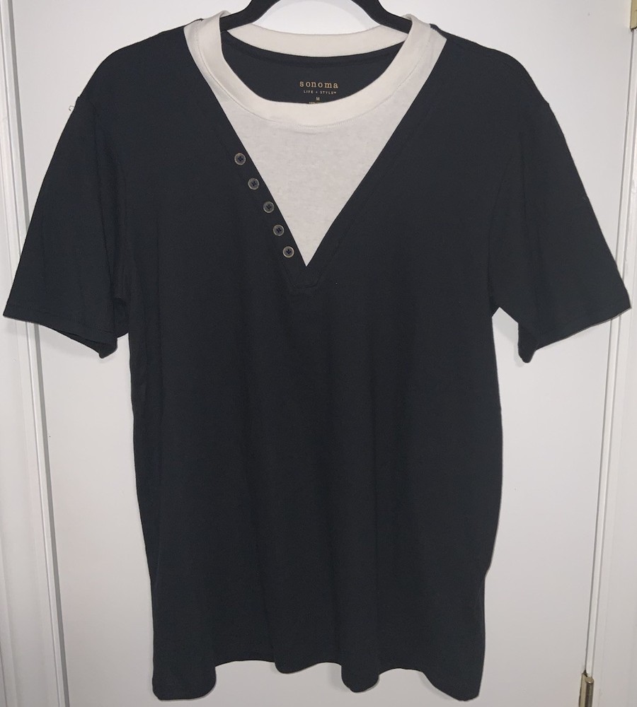 Sonoma Life + Style Black & White Layer V-Neck Henley T-Shirt Medium