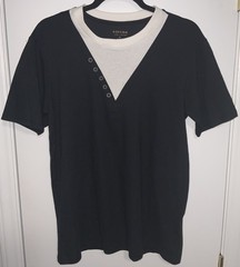 Sonoma Life + Style Black & White Layer V-Neck Henley T-Shirt Medium