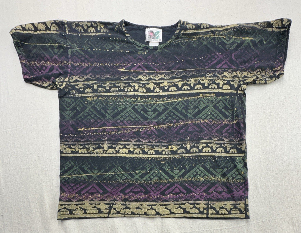 Vintage 90s East Beach Club All Over Print AOP Tribal Elephant Tee Mens XL