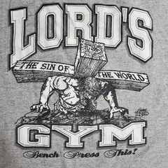 Vtg Lords Gym T Shirt Mens 2XL Gray Ringer Bodybuilding Jesus His Pain Your Gain