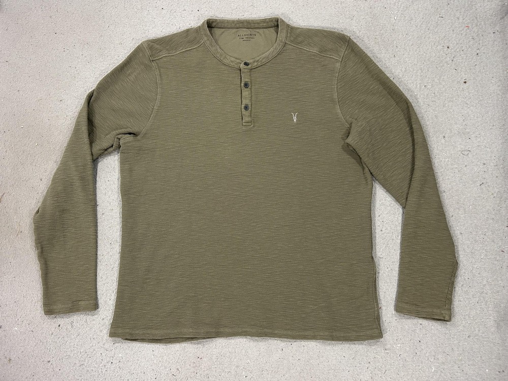 AllSaints Henley Shirt Mens XL Green Waffle Knit Long Sleeve Regular Fit